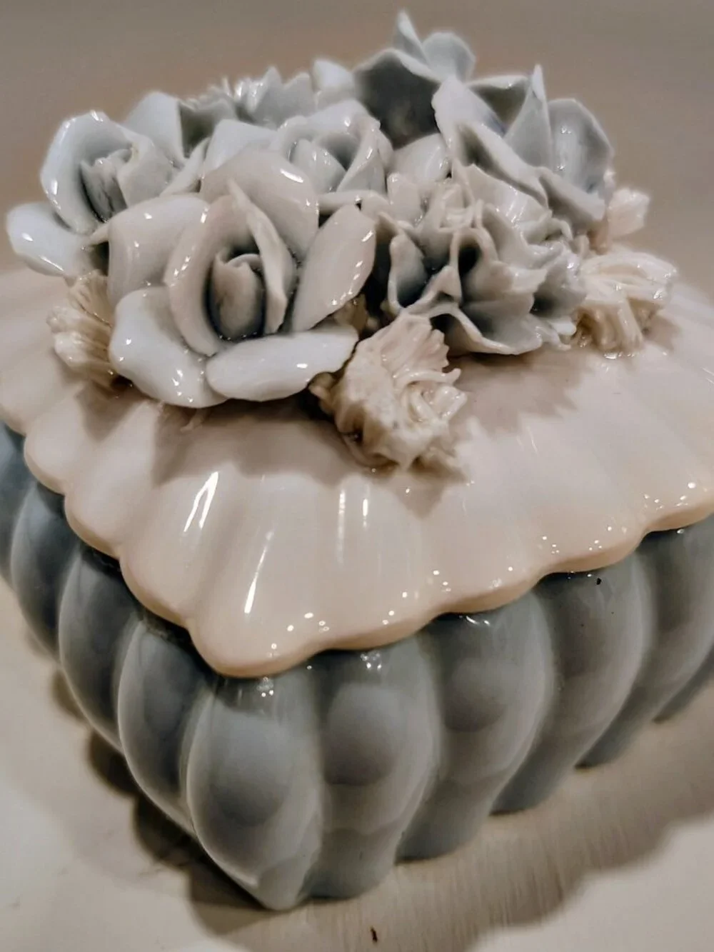 Vintage Japan Blue White Porcelain Floral Trinket Box